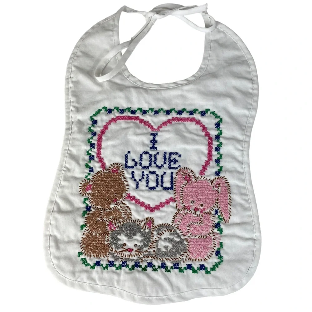Vintage Handmade Cross Stitch Baby Bib Kitten Bunny Bear I Love You Tie-up Heart
